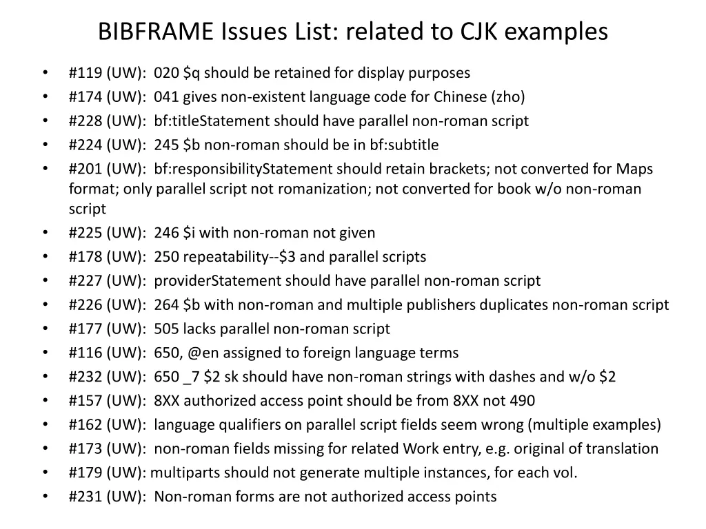 bibframe issues list related to cjk examples