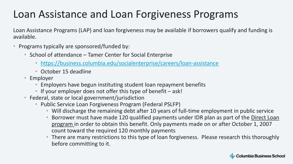 loan assistance and loan forgiveness programs