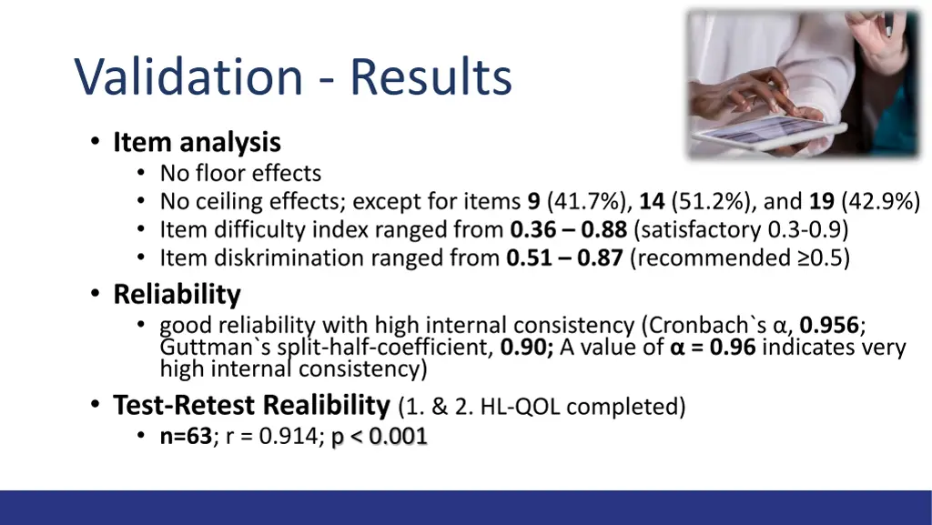 validation results item analysis no floor effects