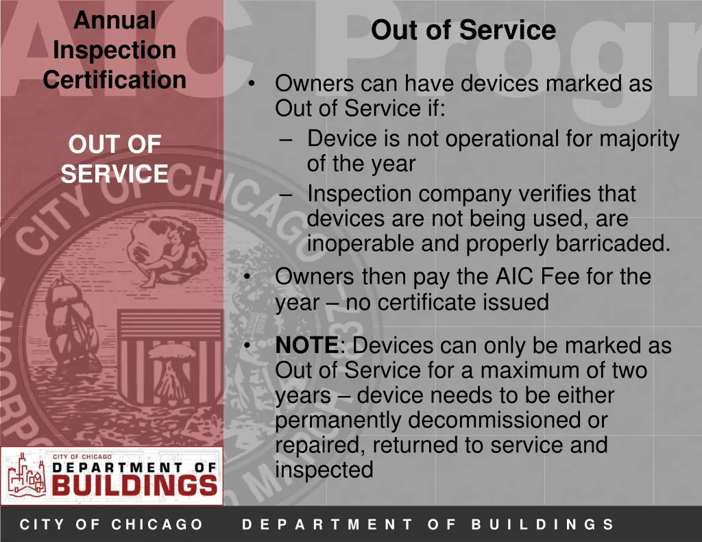 aic progr out of service inspection company