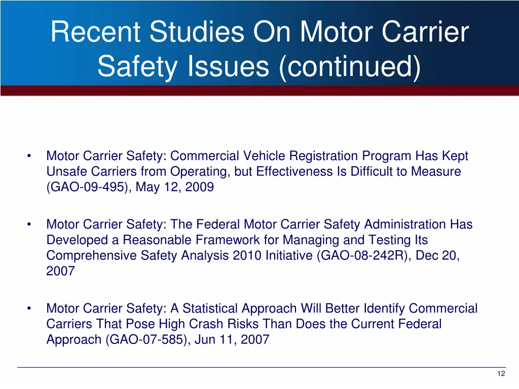 recent studies on motor carrier safety issues 1