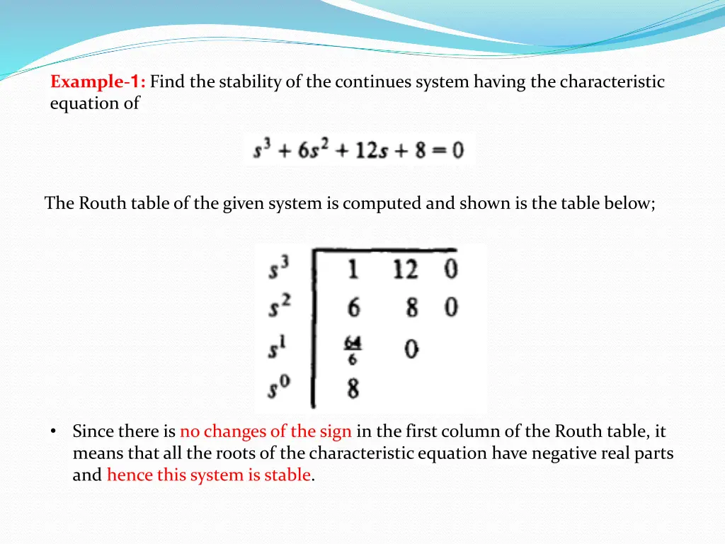 example 1 find the stability of the continues