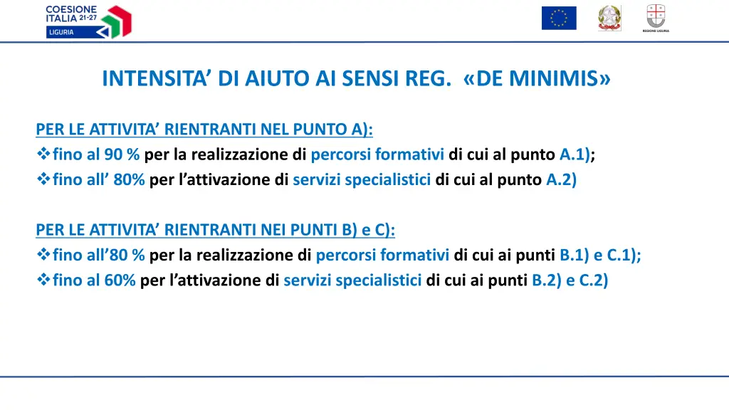 intensita di aiuto ai sensi reg de minimis