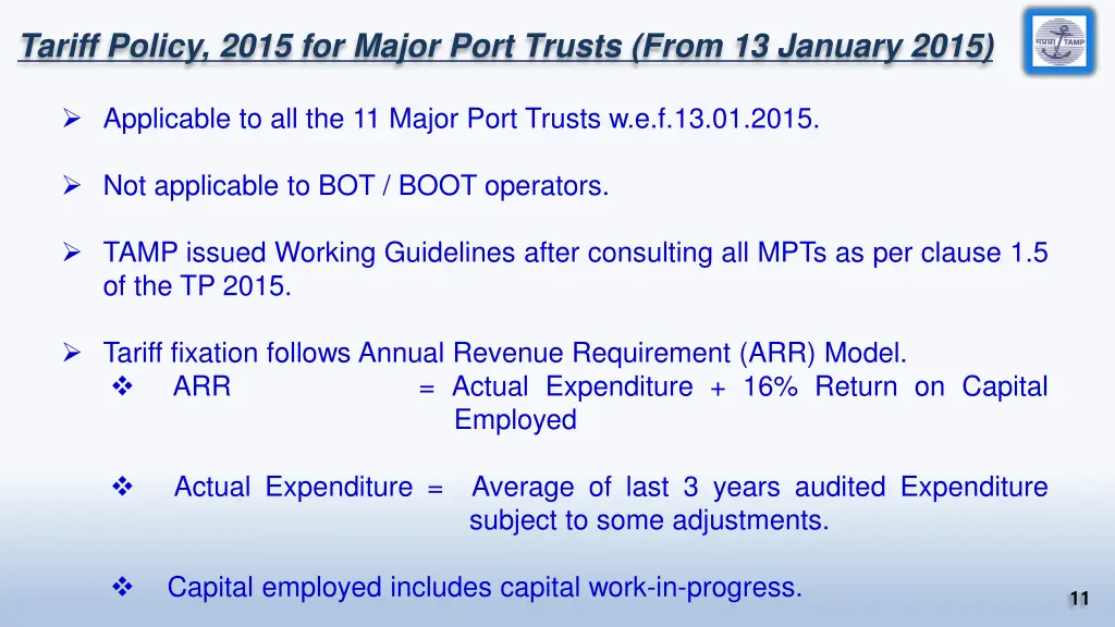 tariff policy 2015 for major port trusts from