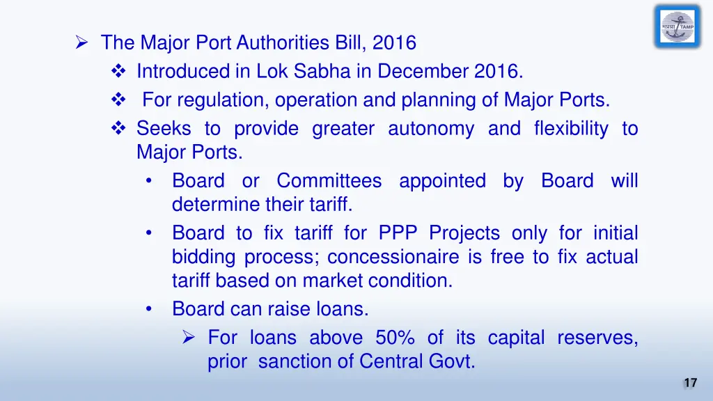 the major port authorities bill 2016 introduced