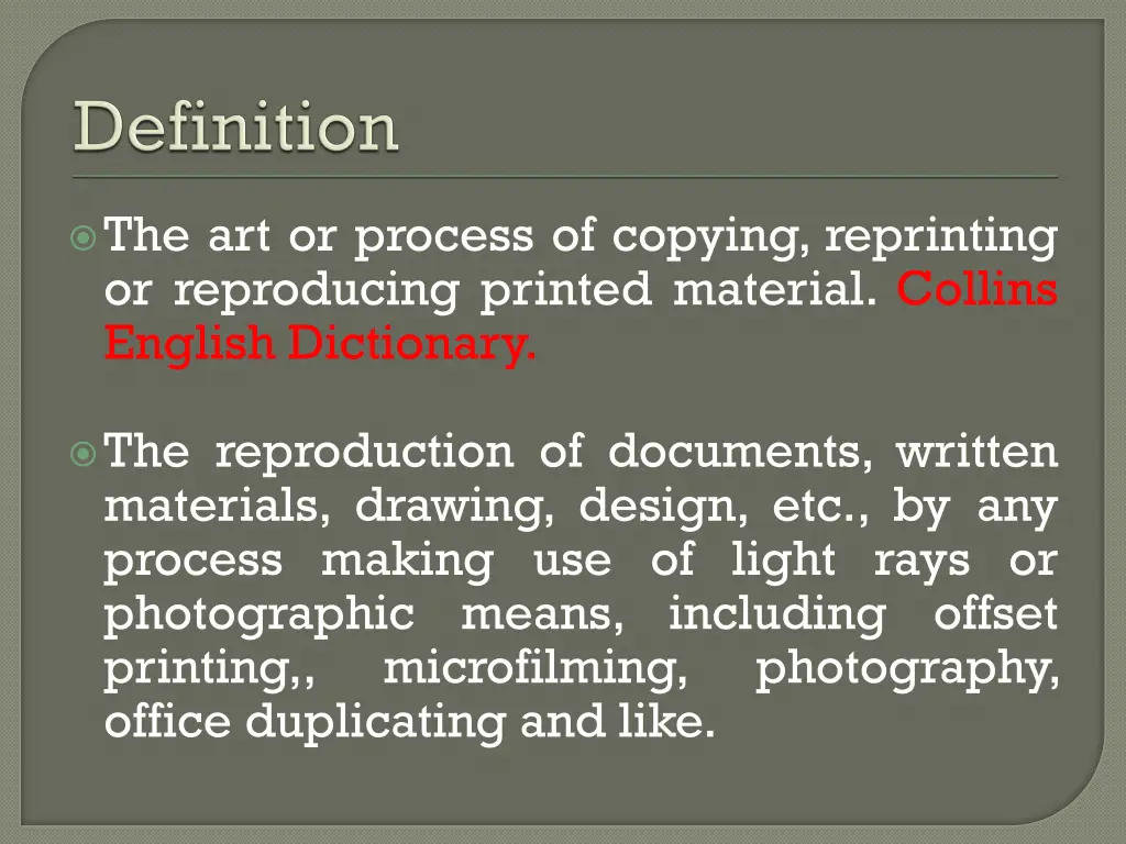 the art or process of copying reprinting