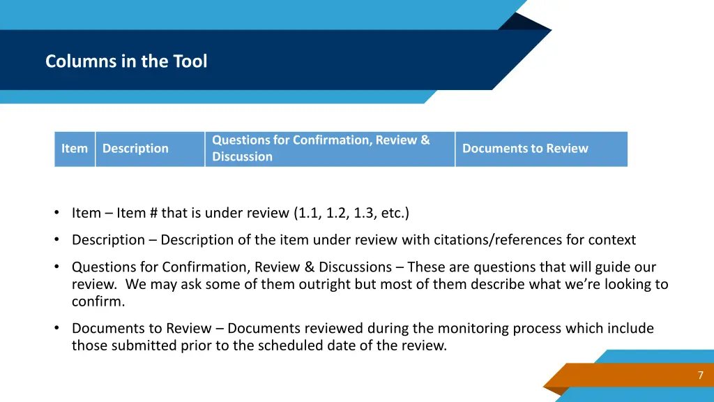 columns in the tool