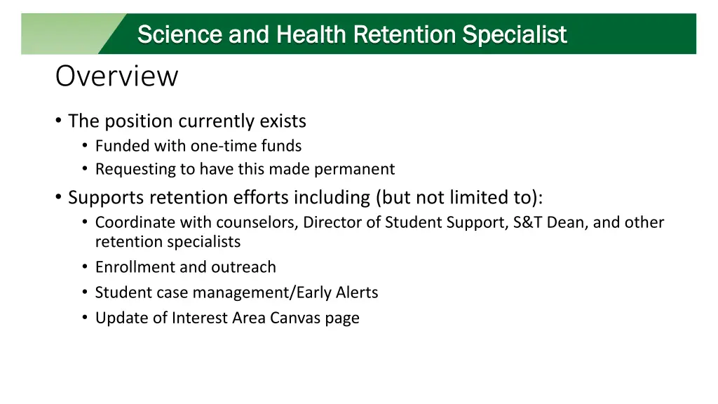 science and health retention specialist science