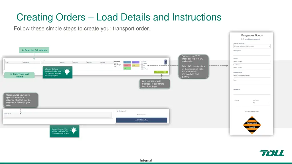 creating orders load details and instructions