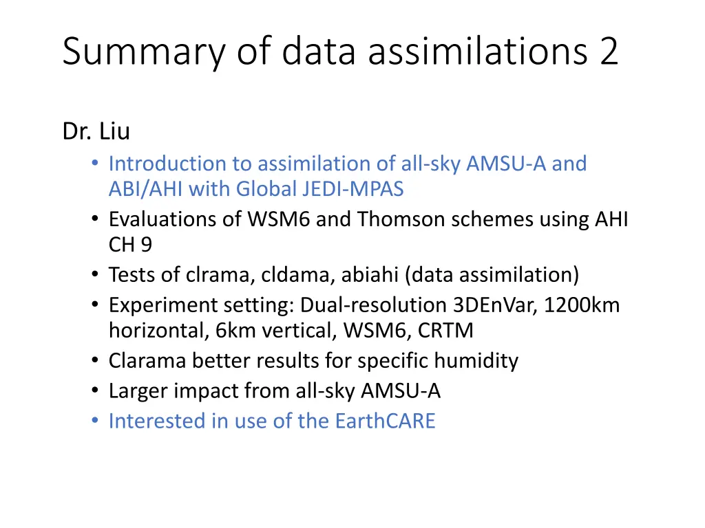 summary of data assimilations 2