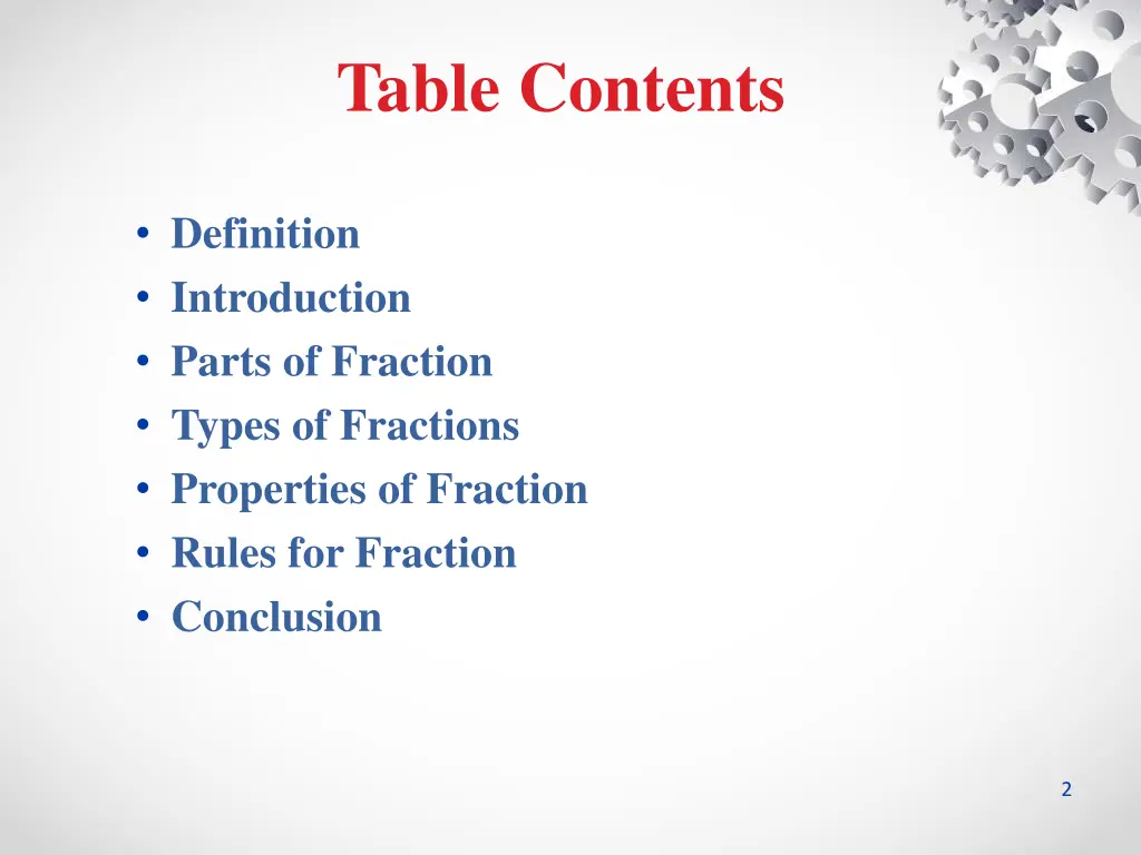 table contents