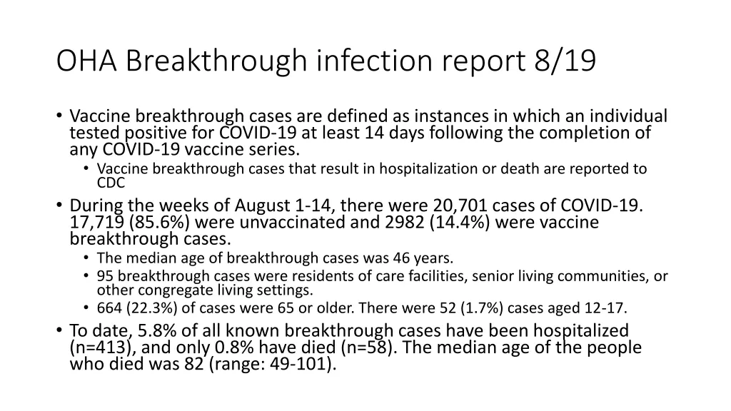 oha breakthrough infection report 8 19