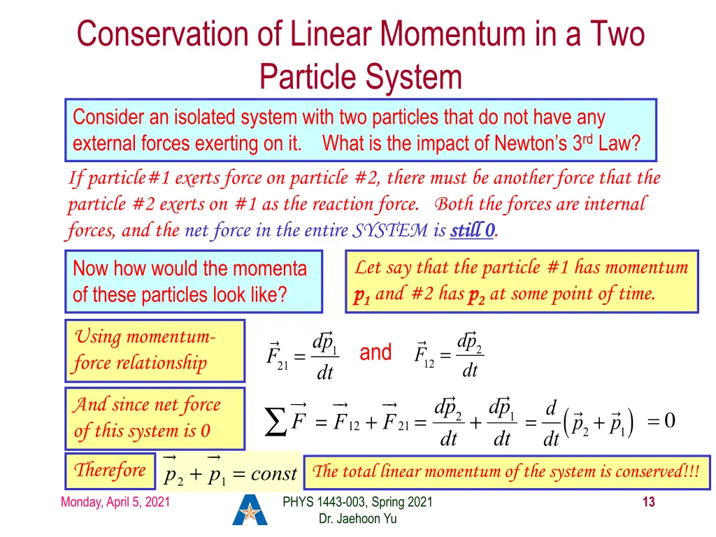 conservation of linear momentum in a two particle
