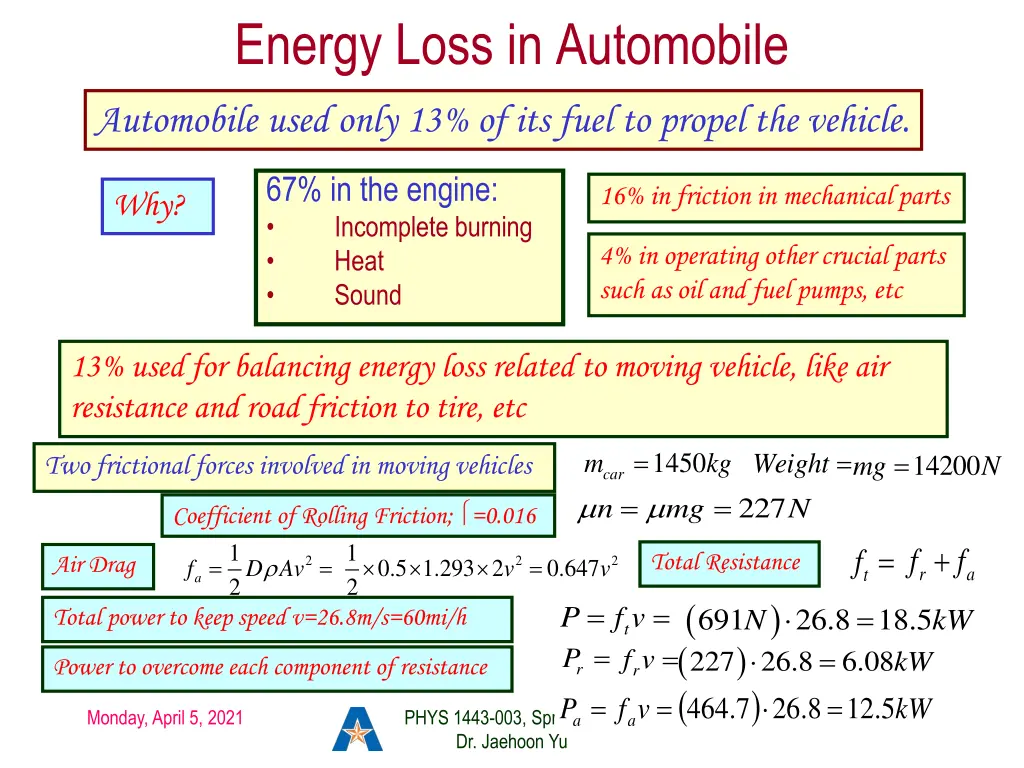 energy loss in automobile