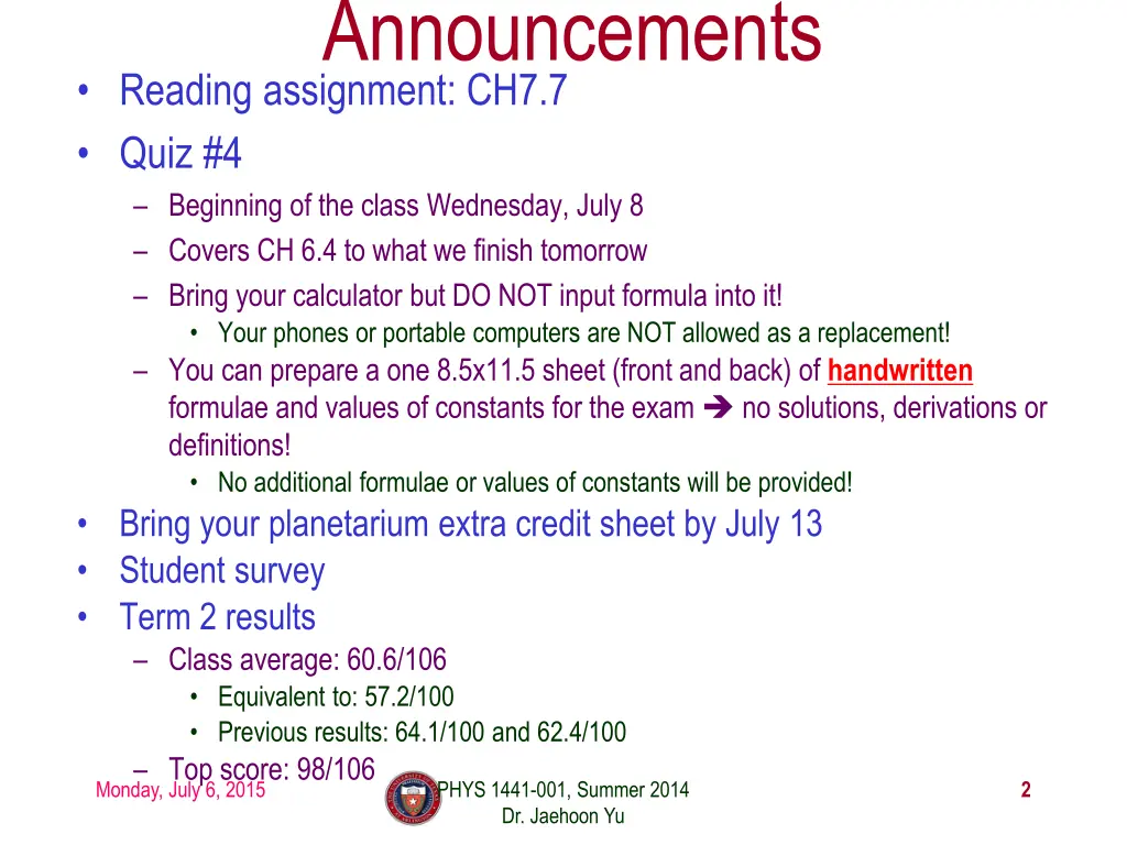 announcements reading assignment ch7 7 quiz