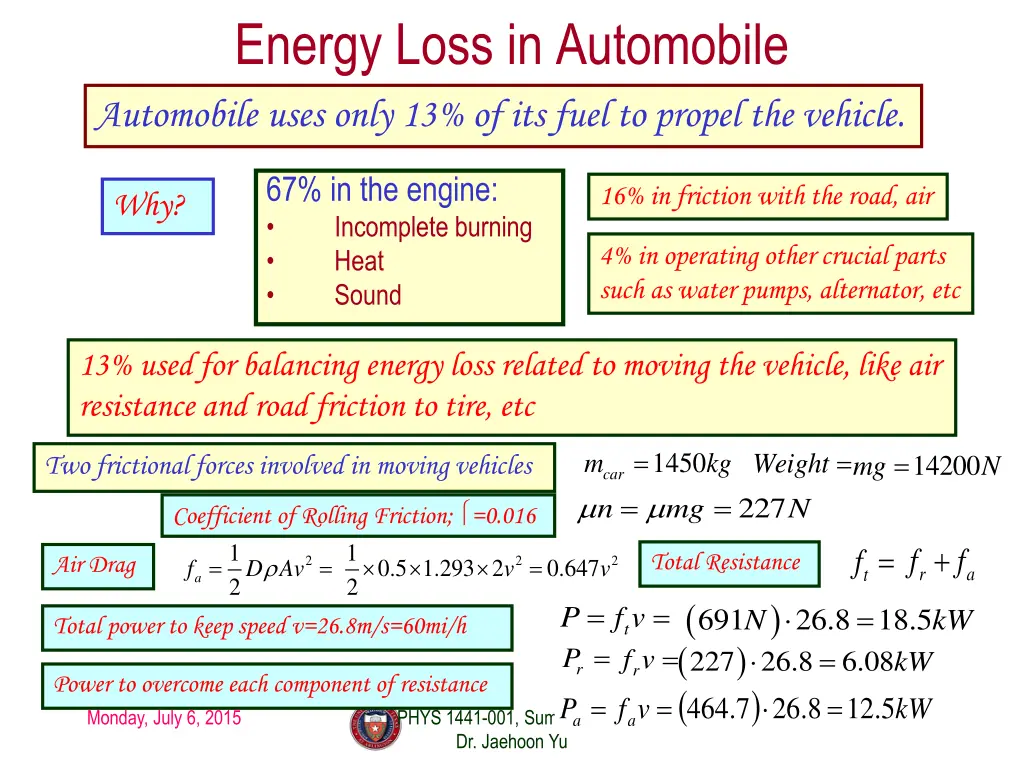 energy loss in automobile automobile uses only