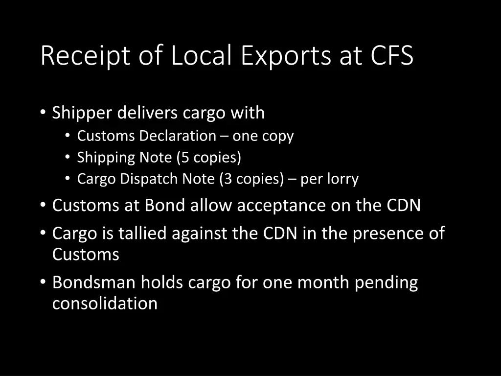 receipt of local exports at cfs