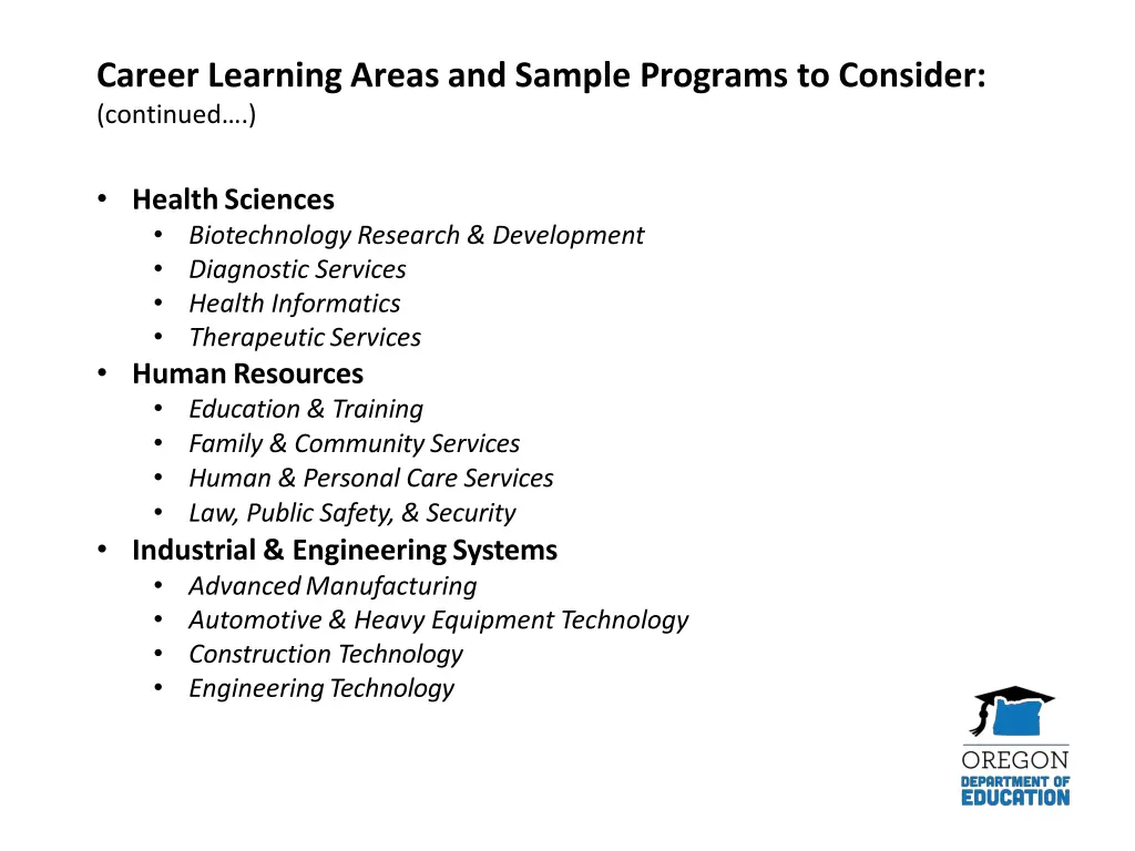 career learning areas and sample programs 1
