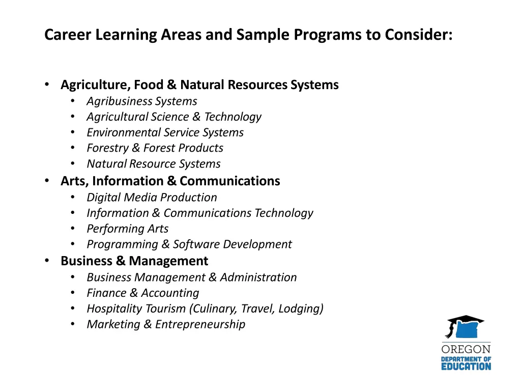 career learning areas and sample programs