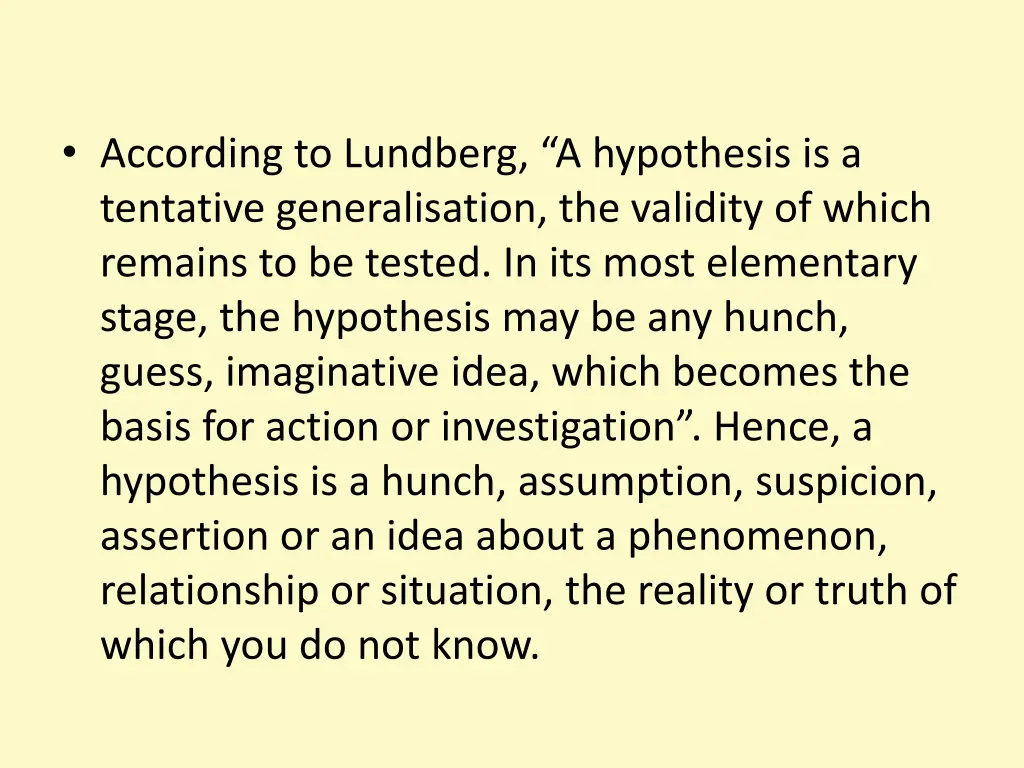 according to lundberg a hypothesis is a tentative