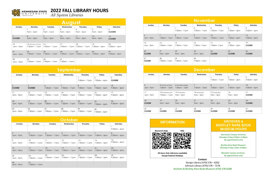 2022 fall library hours all system libraries