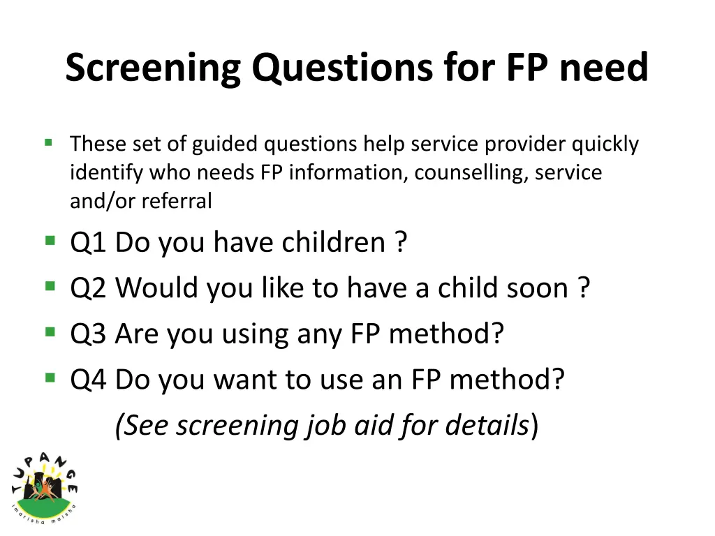 screening questions for fp need