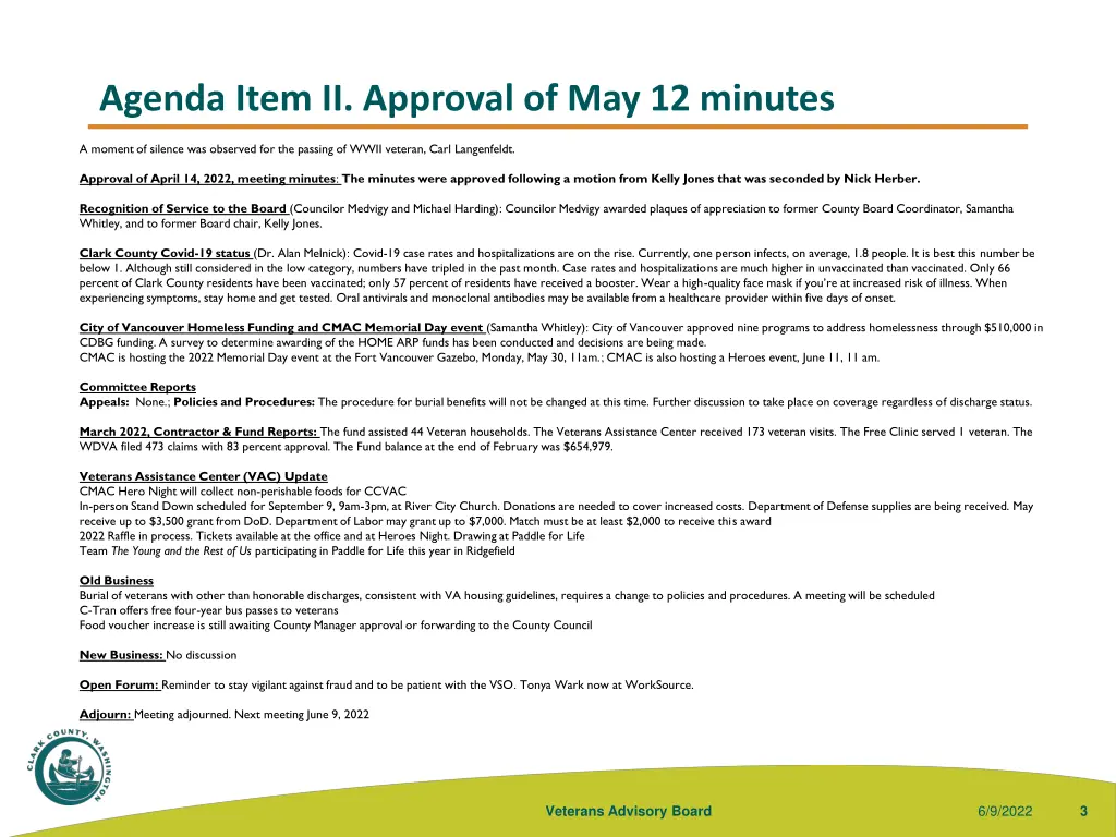 agenda item ii approval of may 12 minutes