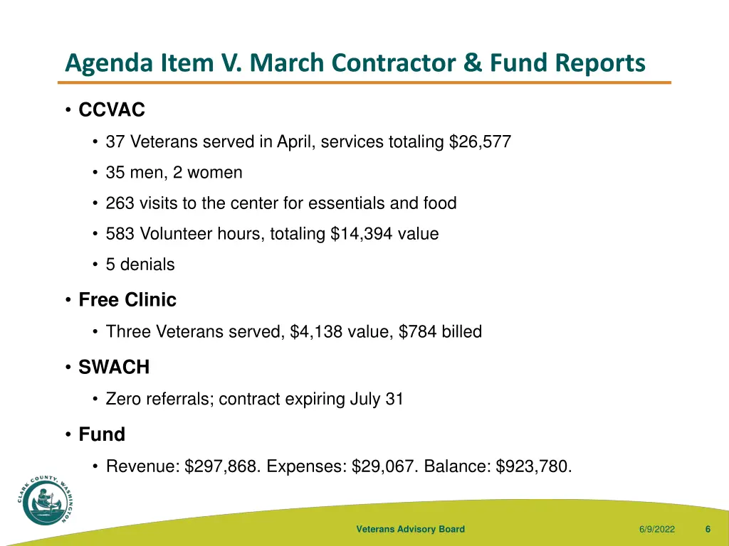 agenda item v march contractor fund reports