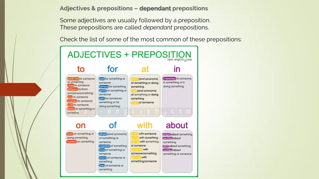 adjectives prepositions dependant prepositions