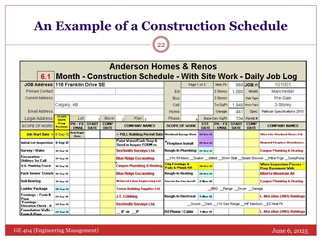 an example of a construction schedule