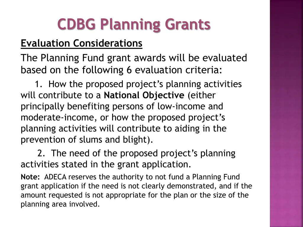 cdbg planning grants evaluation considerations