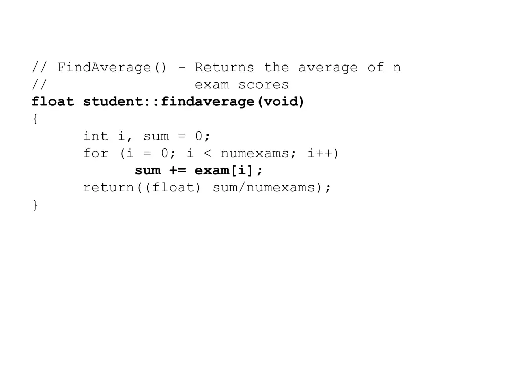 findaverage returns the average of n exam scores