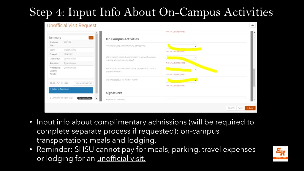step 4 input info about on campus activities