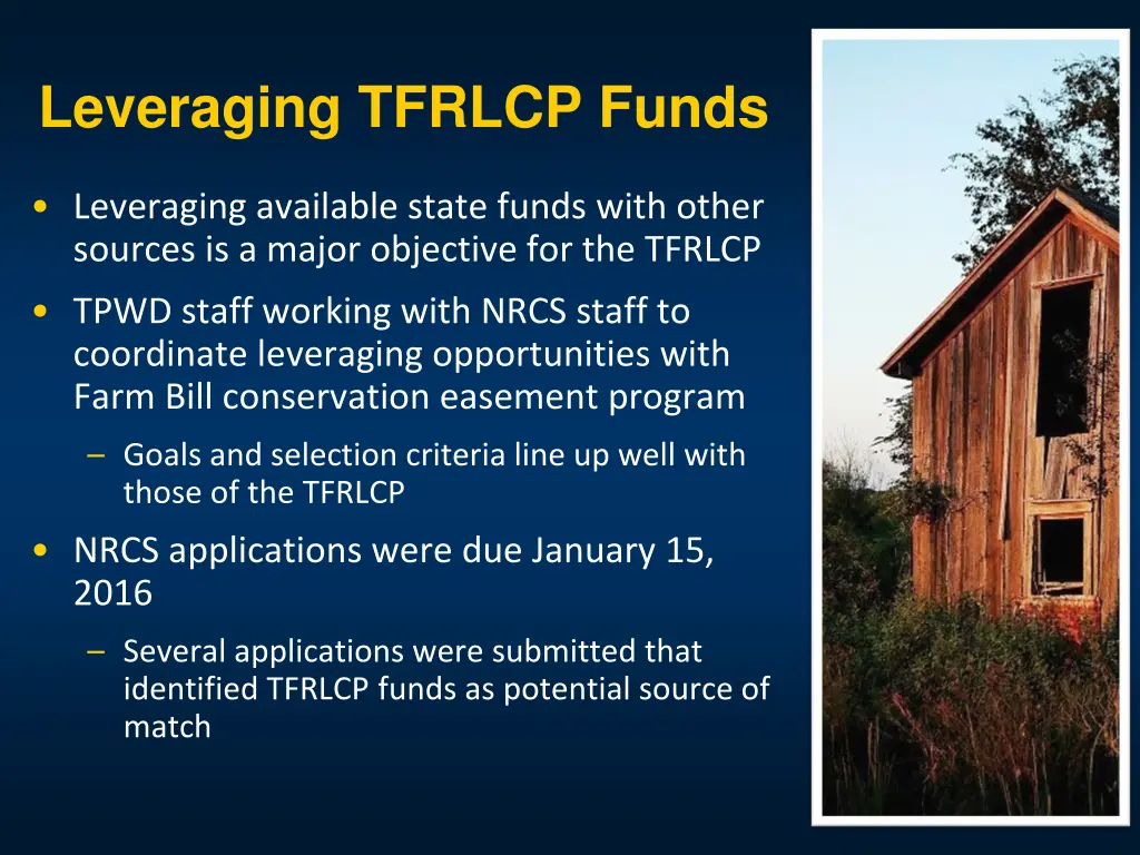 leveraging tfrlcp funds