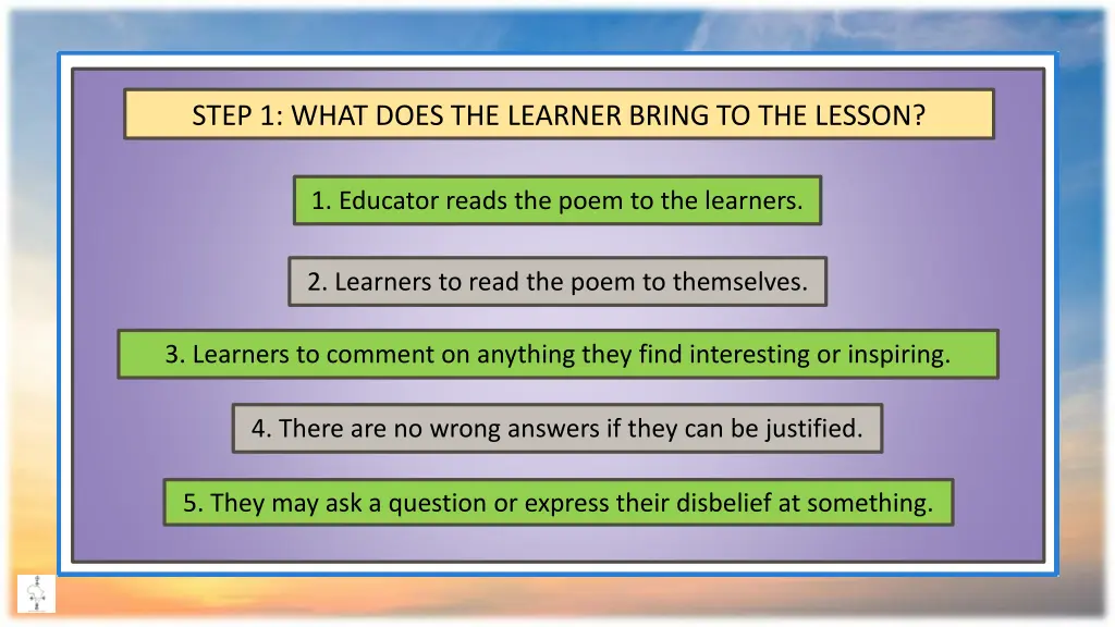 step 1 what does the learner bring to the lesson
