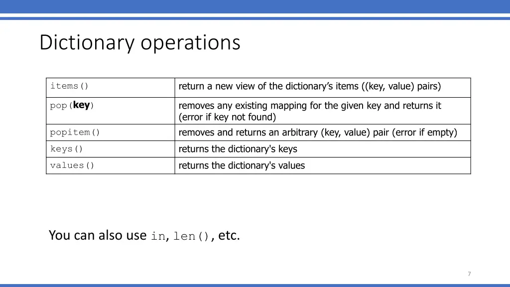 dictionary operations