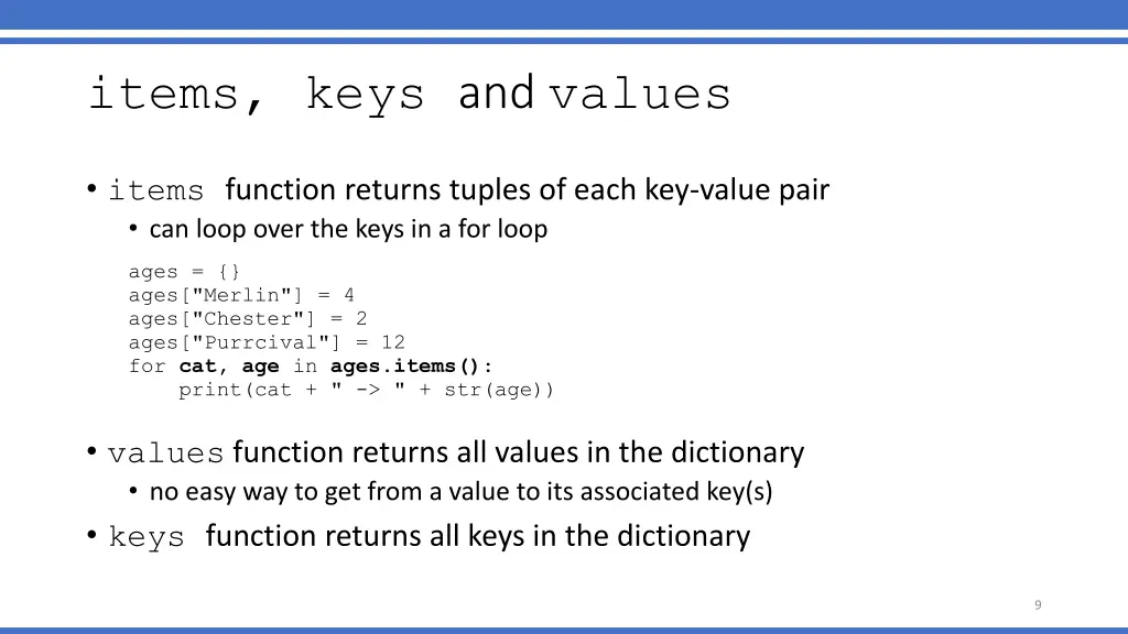 items keys and values
