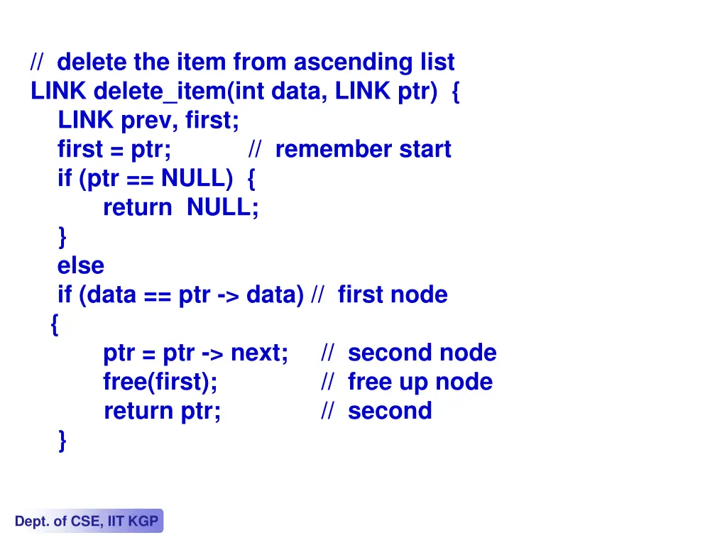 delete the item from ascending list link delete