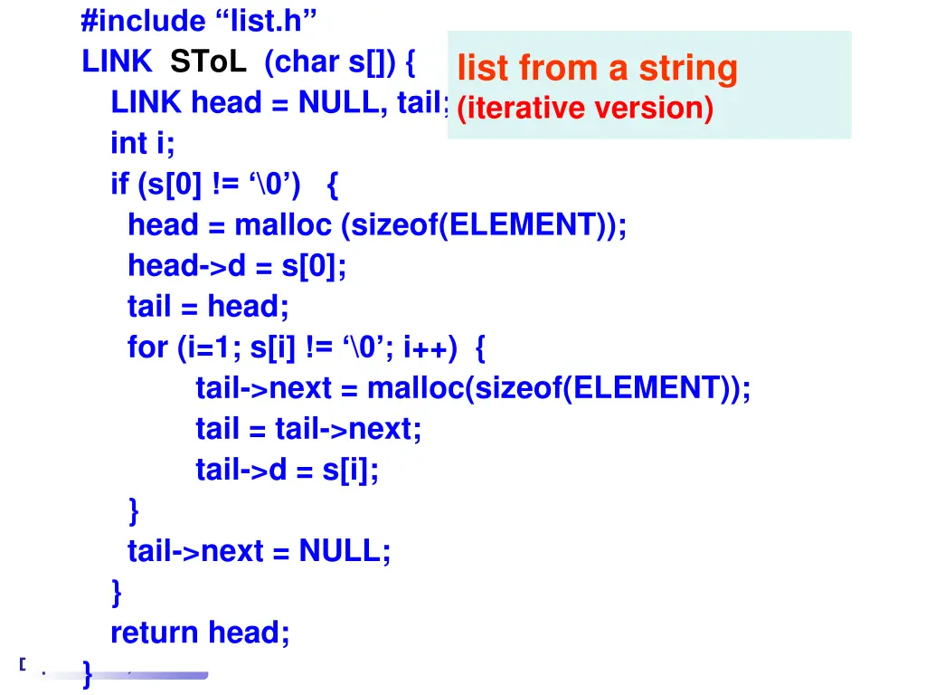 include list h link stol char s link head null