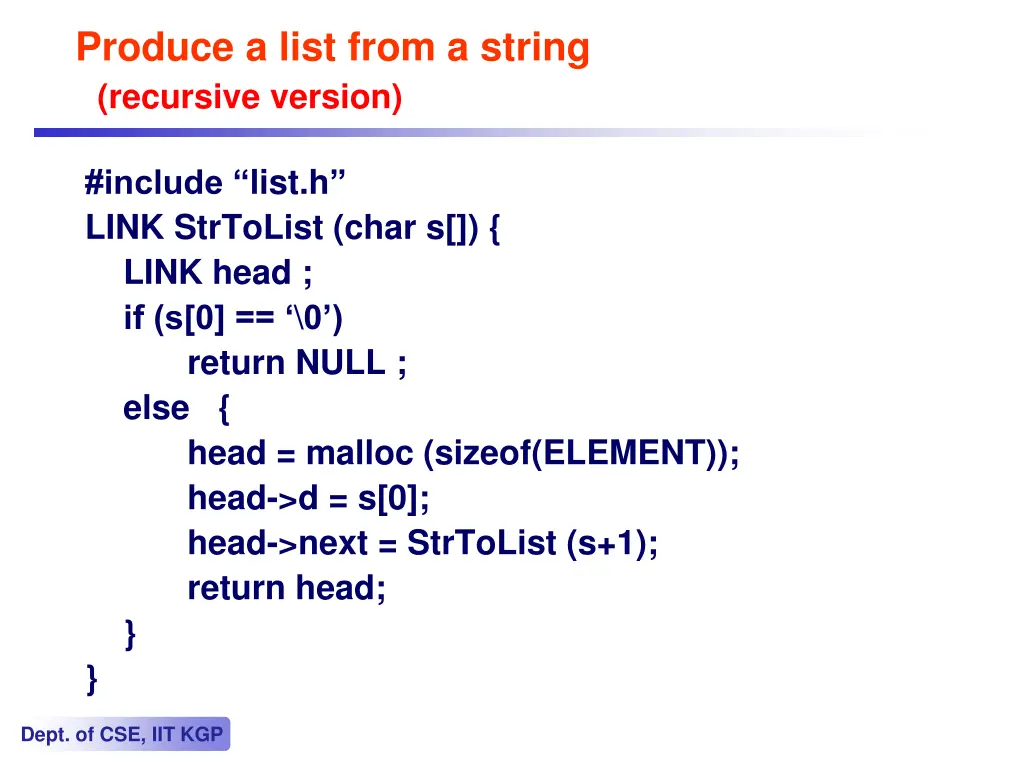 produce a list from a string recursive version
