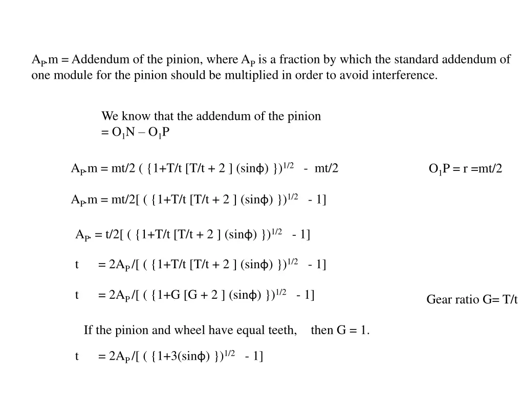 a p m addendum of the pinion where