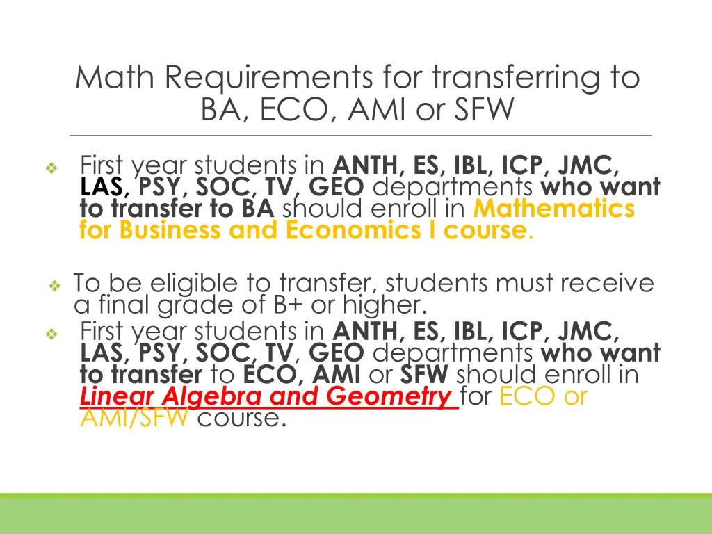 math requirements for transferring