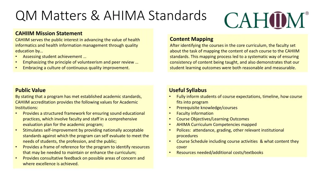 qm matters ahima standards