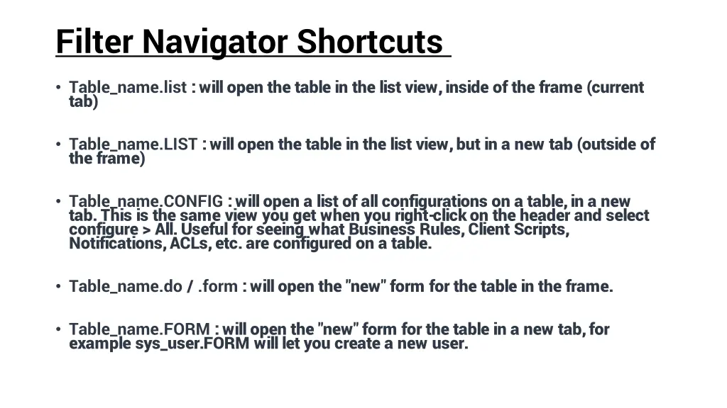 filter navigator shortcuts