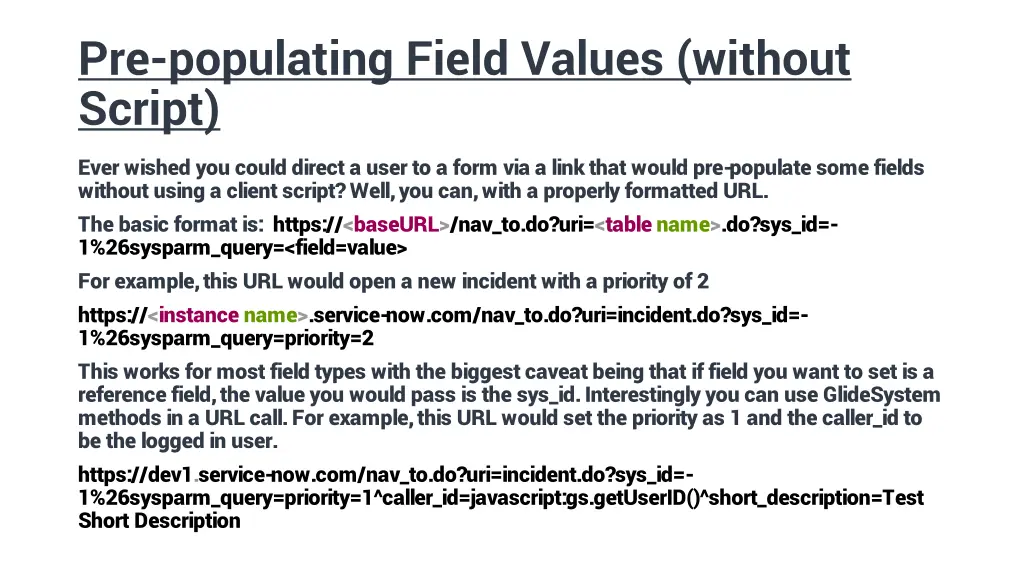 pre populating field values without script