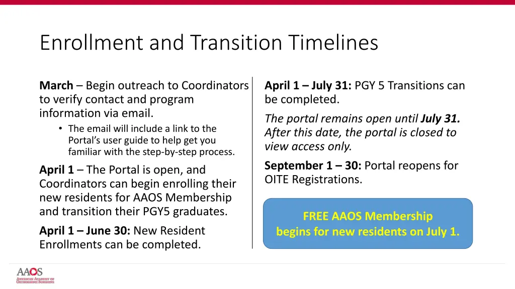 enrollment and transition timelines