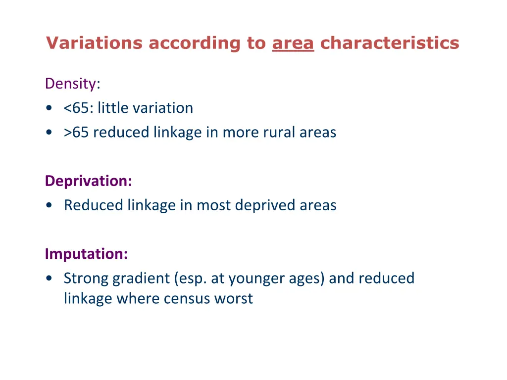 variations according to area characteristics