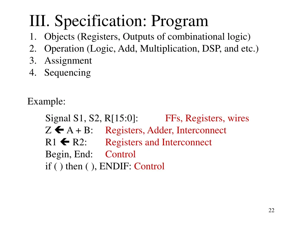 iii specification program 1 objects registers