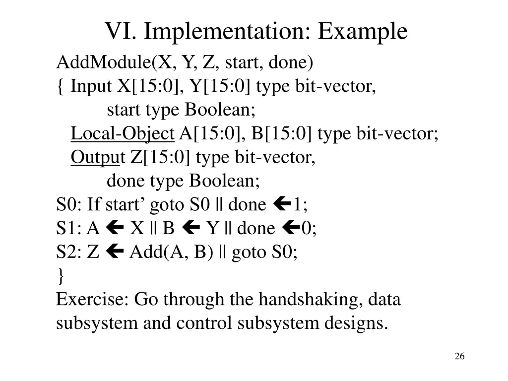 vi implementation example addmodule x y z start
