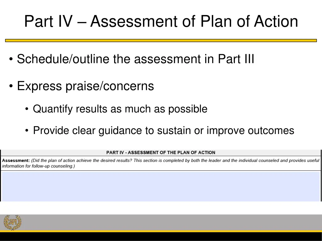part iv assessment of plan of action